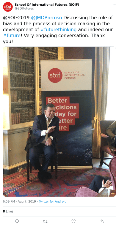 @SOIF2019 @JMDBarroso Discussing the role of bias and the process of decision-making in the development of #futurethinking